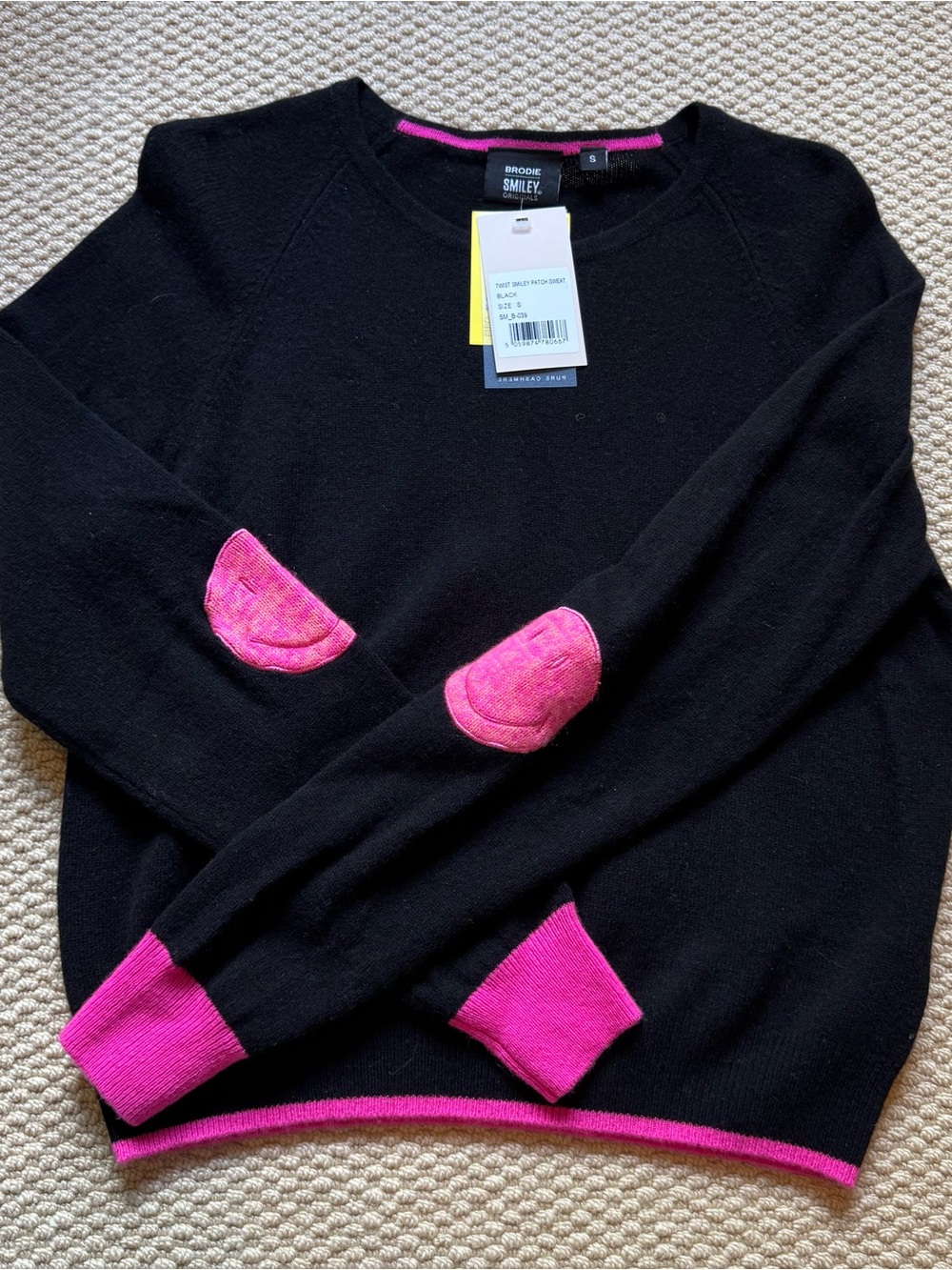 Brodie Cashmere Black Crewneck Sweater with Pink Accents